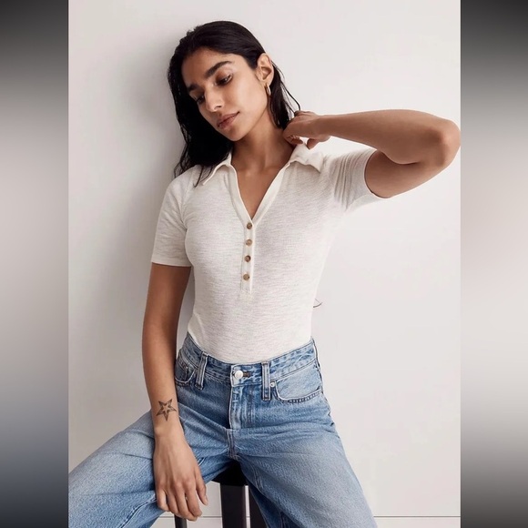 Madewell Cream Offwhite Ribbed Polo Button-Up Thong Bodysuit Neutral Classic XS - Picture 1 of 9